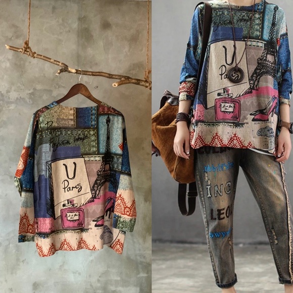 Oversized cotton knit Retro print Paris sweater - Picture 1 of 8